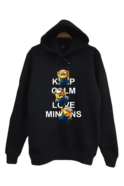 Minions baskılı siyah kapüşonlu sweatshirt