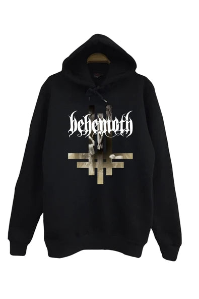 Behemoth Logosu ve ters haç baskılı siyah kapüşonlu sweatshirt