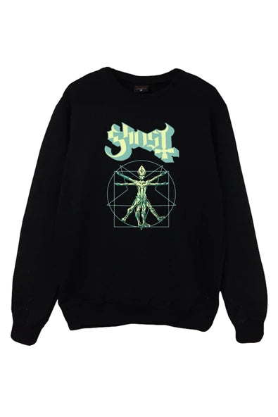 Ghost Logosu ve Vitruvius Adamı baskılı siyah sweatshirt