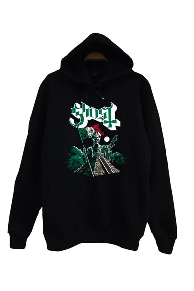 Ghost Yesil tonlu piramit/merdiven baskılı siyah kapüşonlu sweatshirt