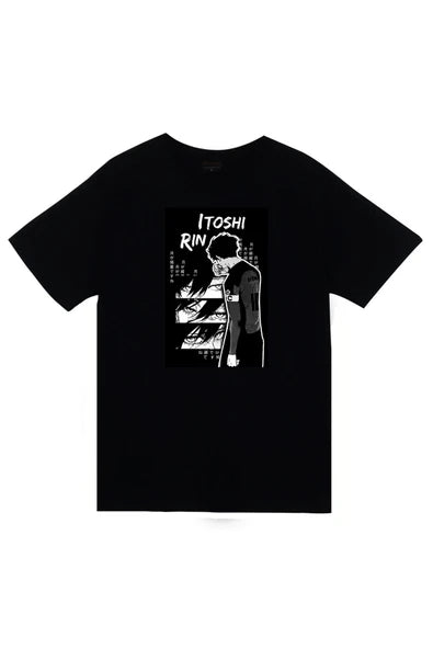 fame-stoned Blue Lock, Rin İtoshi Anime Baskılı Unisex %100 Pamuk Siyah T-shirt