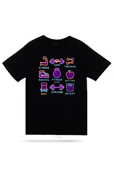 fame-stoned Gym, Fitness, Vucüt Geliştirme, Body Building, Diyet Baskılı Unisex %100 Pamuk Siyah T-shirt