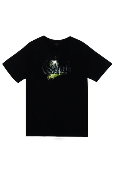 Opeth Müzik Grubu Logosu, yeşil dallı süsleme baskılı siyah tişört