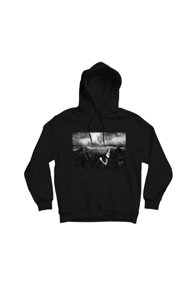 Opeth Siyah-beyaz manzara/figur fotografi baskılı siyah kapüşonlu sweatshirt