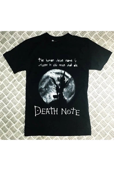 Death Note Anime Ay ve Ryuk siluetli baskılı siyah tişört