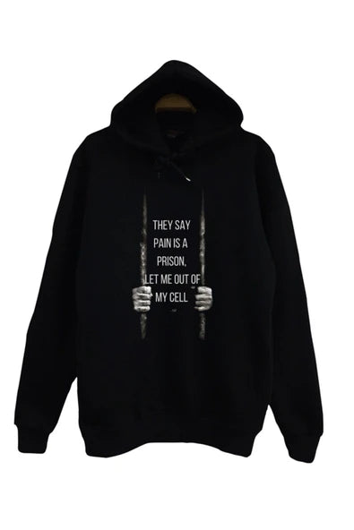 Nf Parmaklıkları tutan eller baskılı siyah kapüşonlu sweatshirt