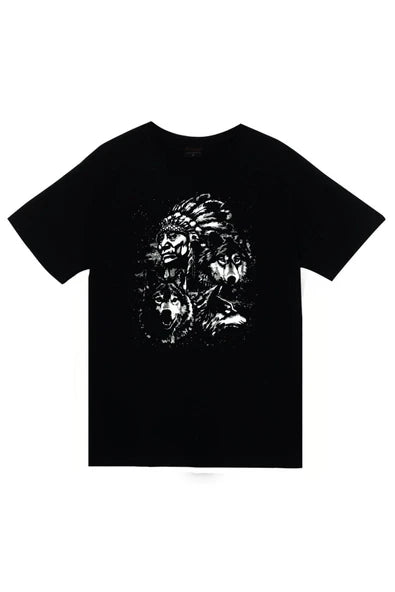 fame-stoned Kızılderili Baskılı Unisex %100 Pamuk Siyah T-shirt