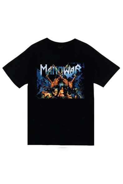 fame-stoned Manowar Baskılı Unisex %100 Pamuk Siyah T-shirt