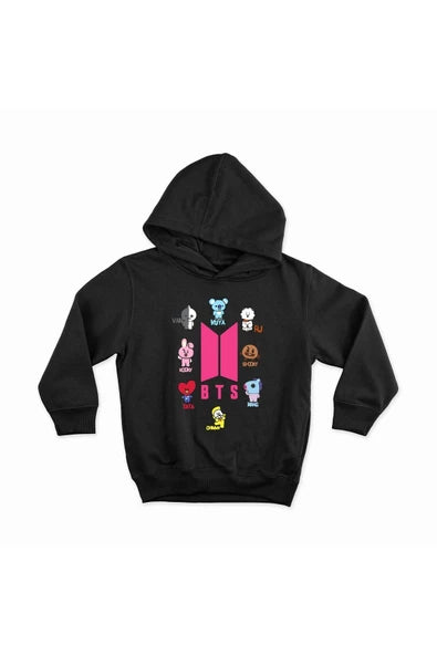 BTS baskılı siyah kapüşonlu sweatshirt