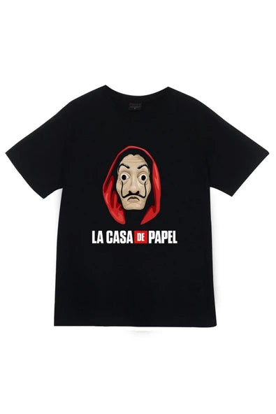 fame-stoned La Casa De Papel Dizi Baskılı Unisex %100 Pamuk Siyah T-shirt