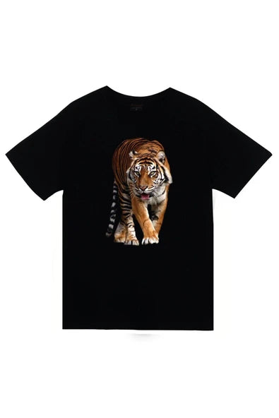 fame-stoned Kaplan Baskılı Unisex %100 Pamuk Siyah T-shirt