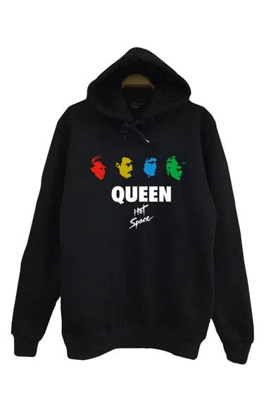 Queen Hot Space albüm kapağı baskılı siyah kapüşonlu sweatshirt
