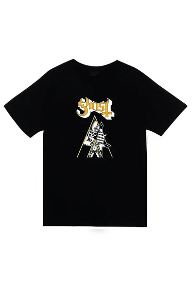 Ghost Logosu ve papaz figürü baskılı siyah tişört