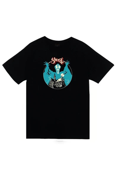 Ghost Logosu ve turkuaz daire baskılı siyah tişört