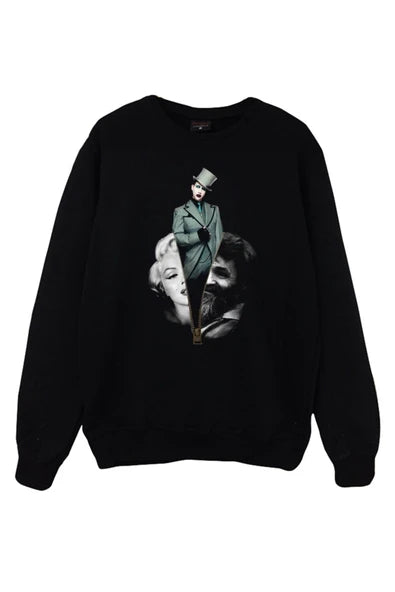 Marilyn Manson Silindir şapkalı yeşil ceketli baskılı siyah sweatshirt