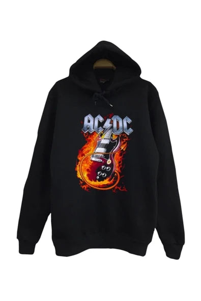 AC/DC baskılı siyah kapüşonlu sweatshirt