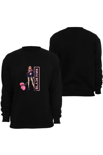 Blackpink ( Kpop , Black Pink ) Dikey logo bloğu baskılı siyah sweatshirt