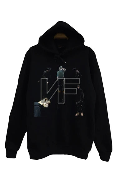 Nf Logosu ve fotoğraf kolajı baskılı siyah kapüşonlu sweatshirt