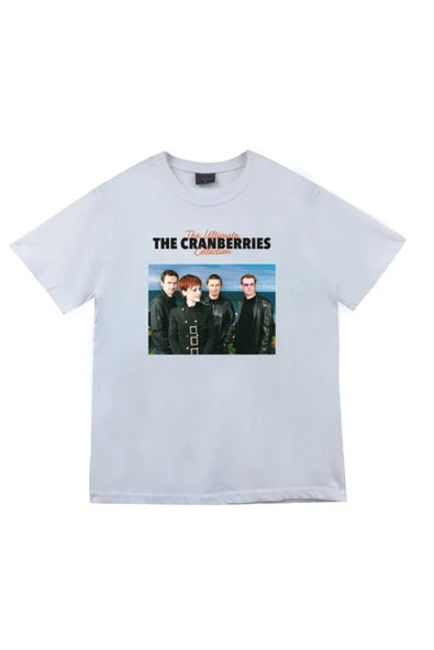 The Cranberries Logosu ve grup fotoğrafı baskılı beyaz tişört
