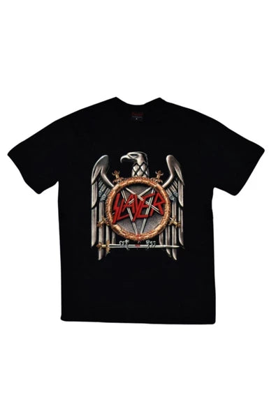 Unisex Siyah Slayer Kartal amblemi ve pentagram baskılı siyah tişört
