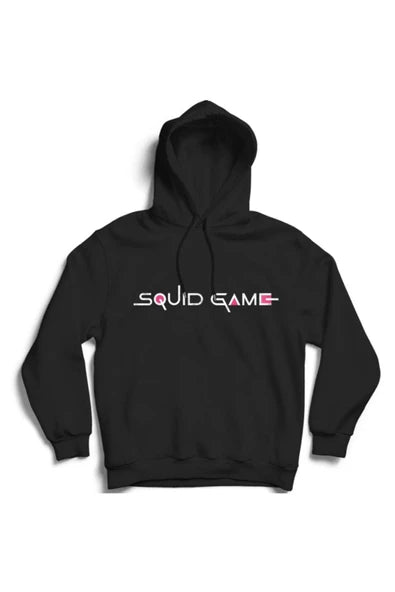 Squid Game Dizi Logosu, beyaz-pembe yazı baskılı siyah kapüşonlu sweatshirt