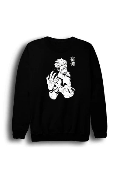 fame-stoned Jujutsu Kaisen Anime Baskılı Unisex %100 Pamuk Siyah Bisiklet Yaka Sweatshirt