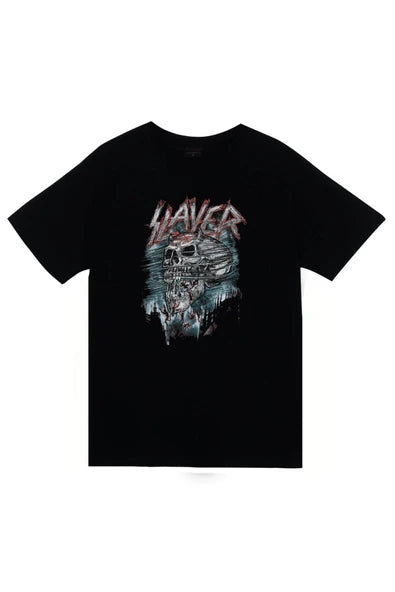Slayer Logosu ve miğferli kurukafa baskılı siyah tişört