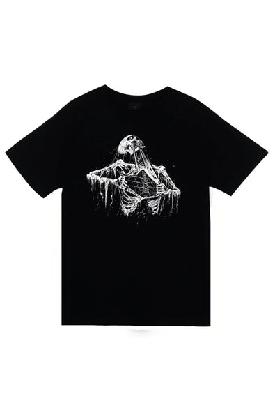 fame-stoned Unisex Siyah İskelet Rib Cage Kurukafa Baskılı T-shirt