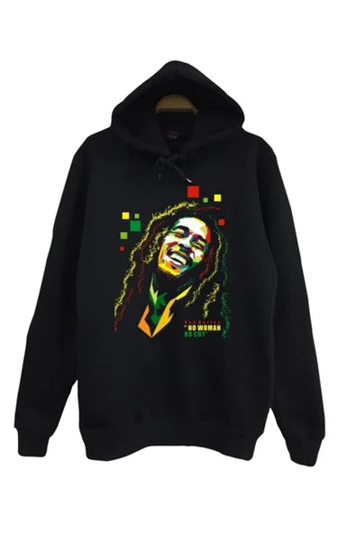 Bob Marley baskılı siyah kapüşonlu sweatshirt