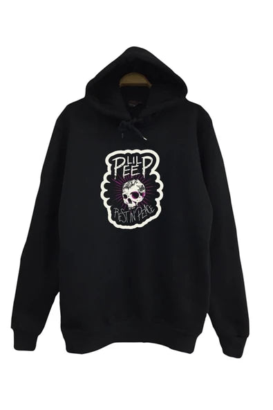 Lıl Peep Rest in Peace' anma baskılı siyah kapüşonlu sweatshirt