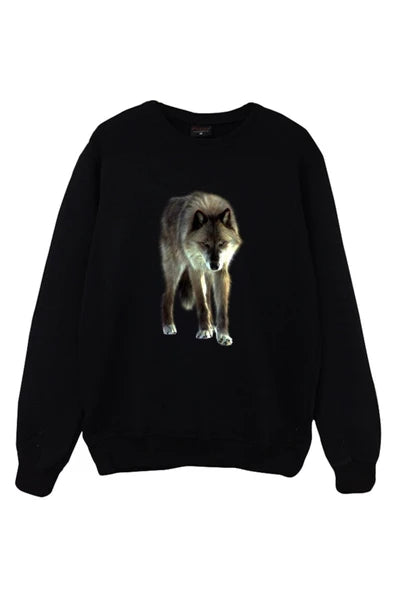 Pubg Yuruyen kurt fotografi baskılı siyah sweatshirt