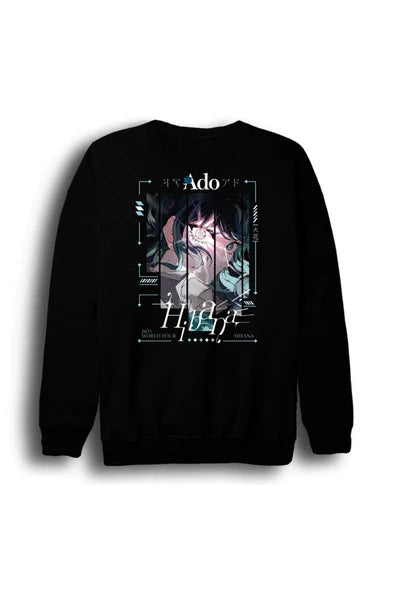 fame-stoned Ado Japon - K-Pop - Rock - Müzik Baskılı Unisex %100 Pamuk Bisiklet Yaka Siyah Sweatshirt