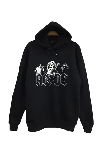 AC/DC baskılı siyah kapüşonlu sweatshirt