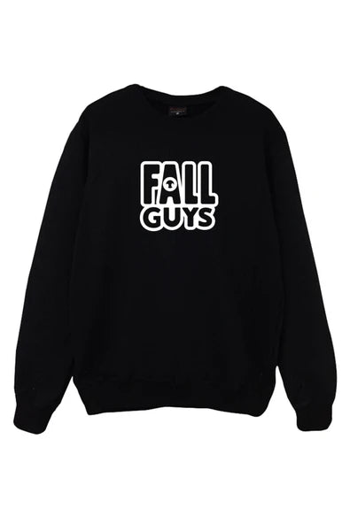 fame-stoned Unisex Siyah Fall Guys Oyun Baskılı Bisiklet Yaka Sweatshirt