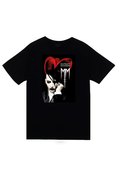 Marilyn Manson Portre ve MM logosu baskılı siyah tişört