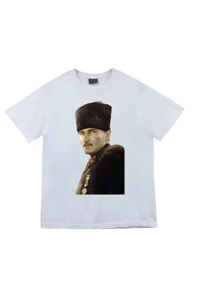 fame-stoned Gazi Mustafa Kemal Atatürk Baskılı Unisex %100 Pamuk Beyaz T-shirt