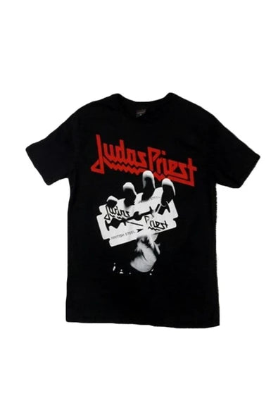 Judas Priest British Steel' jilet görseli baskılı siyah tişört