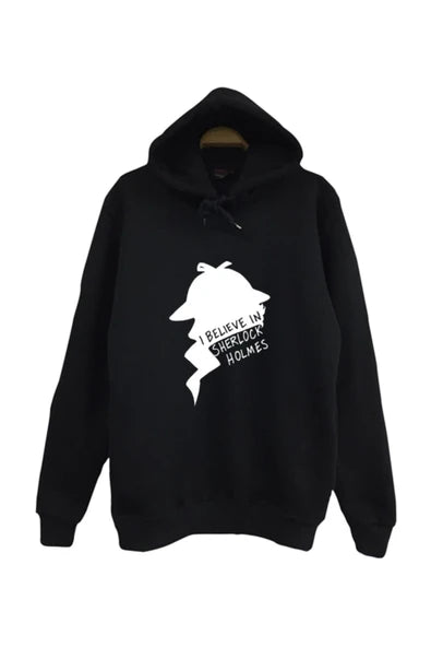 Sherlock Holmes Silueti ve I believe baskılı siyah kapüşonlu sweatshirt