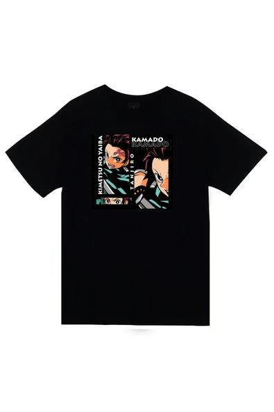 fame-stoned Demon Slayer Tanjiro Kamado Anime Baskılı Unisex %100 Pamuk Siyah T-shirt