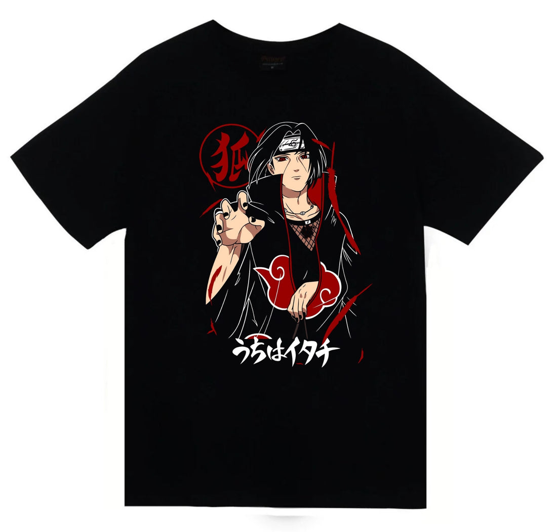 Naruto - Itachi Uchiha ve genç baskılı siyah tişört