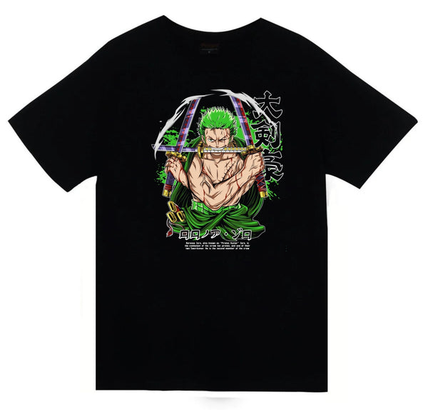 One Piece - Ronoa Zoro Roronoa üç kılıçlı baskılı siyah tişört