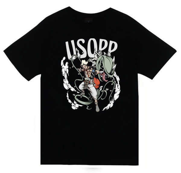 One Piece - Usopp sapanlı illüstrasyon baskılı siyah tişört