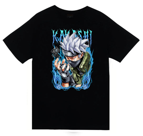 Naruto - Kakashi Hatake mavi çakra baskılı siyah tişört