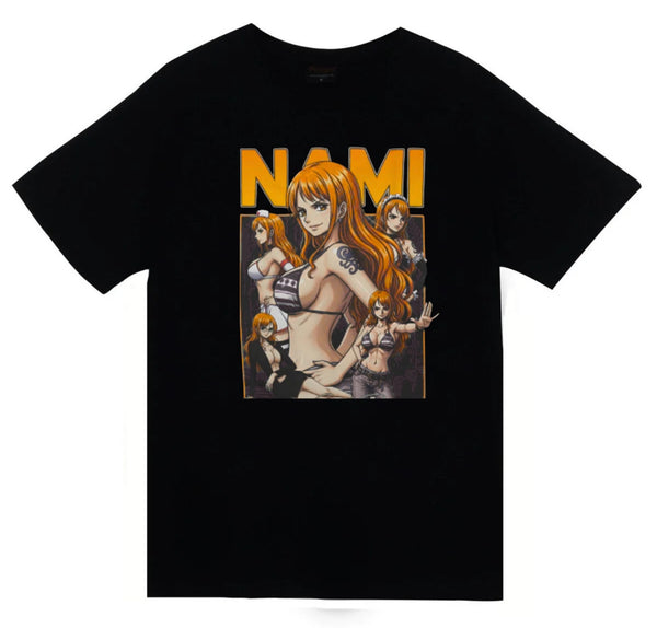 One Piece - Nami vintage poster kolajı baskılı siyah tişört
