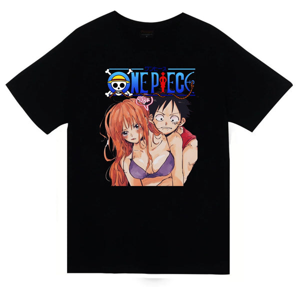 One Piece - Nami - Luffy - Nami x Luffy baskılı siyah tişört
