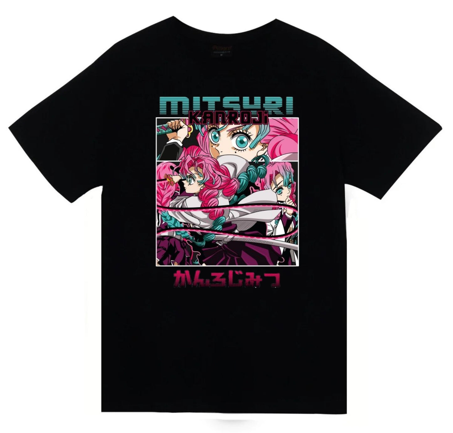 Demon Slayer - Mitsuri Kanroji - Anime Baskılı Unisex %100 Pamuk Siyah T-shirt