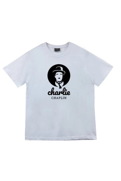 Unisex Mavi Charlie Chaplin baskılı beyaz tişört