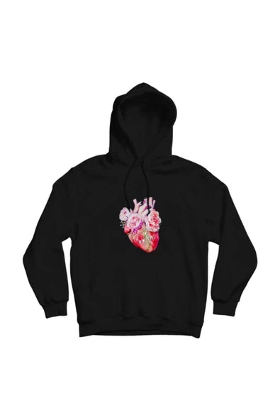 Pink Floyd Ciceklerle bezenmis anatomik kalp baskılı siyah kapüşonlu sweatshirt
