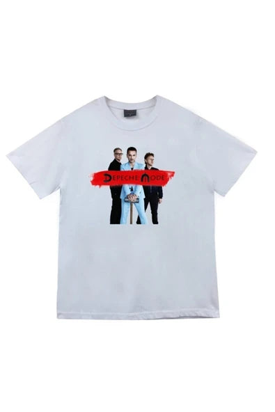 Depeche Mode Fotoğrafı ve kırmızı sprey baskılı beyaz tişört