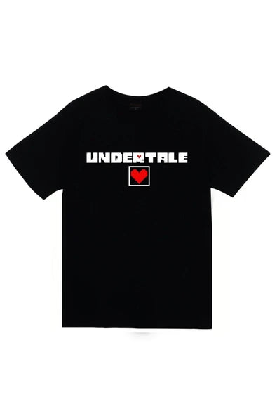 Undertale Oyun logosu ve kırmızı baskılı siyah tişört